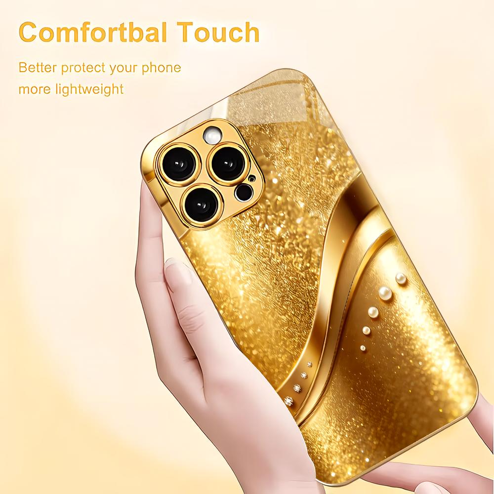 Zlatý minimalistický zakřivený texturovaný galvanicky pokovený skleněný kryt na telefon vhodný pro iPhone 17 16 15 14 13 12 11 Pro/Max/Plus nárazuvzdorný