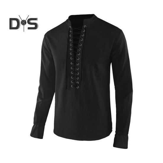 Весна Осень Мужская Рубашка На Шнуровке Воротник-стойка Длинные Рукава Однотонный Цвет — фото 11