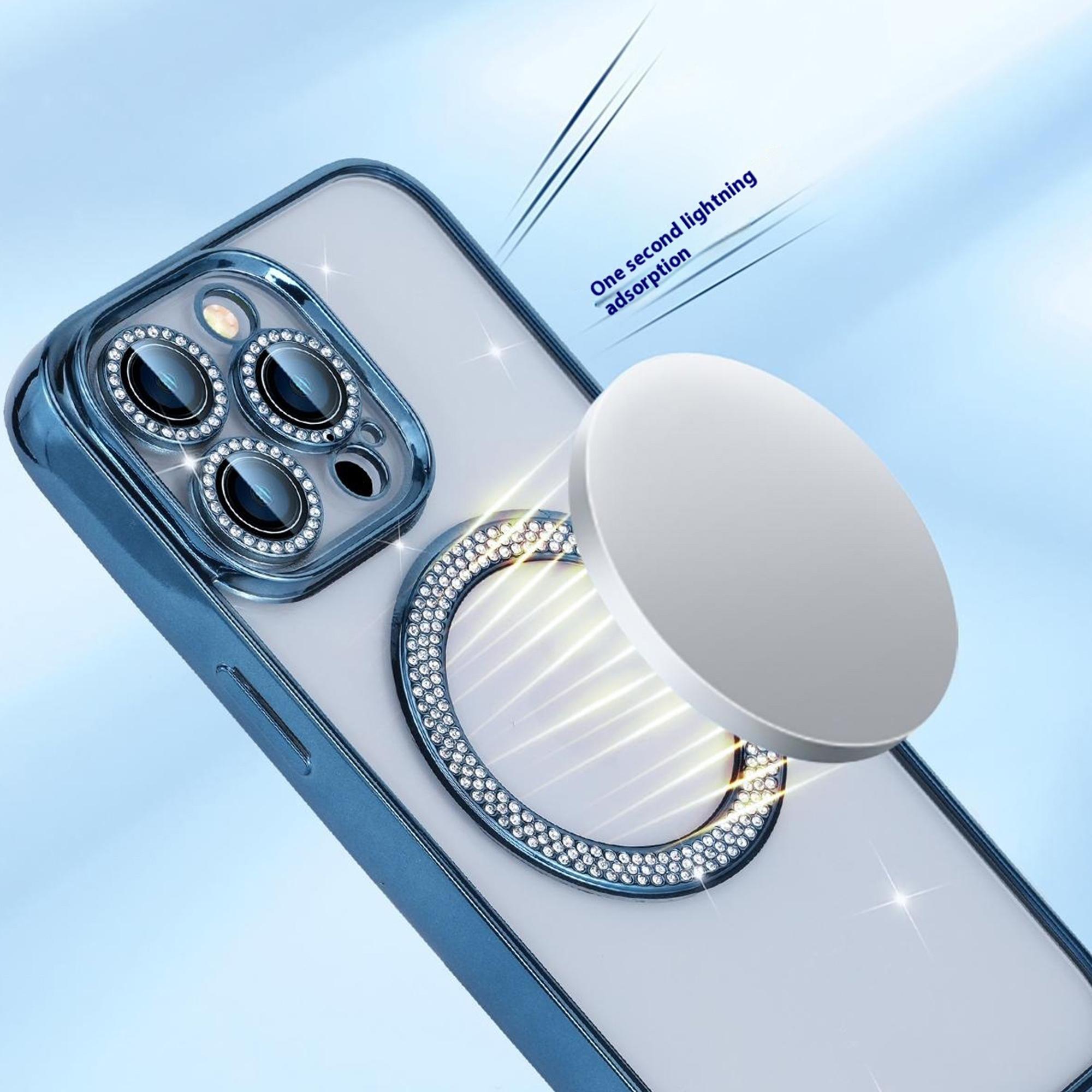 

For iPhone 16 Pro Magnetic Case Bling Rhinestone Clear TPU+PC Phone Cover Blue