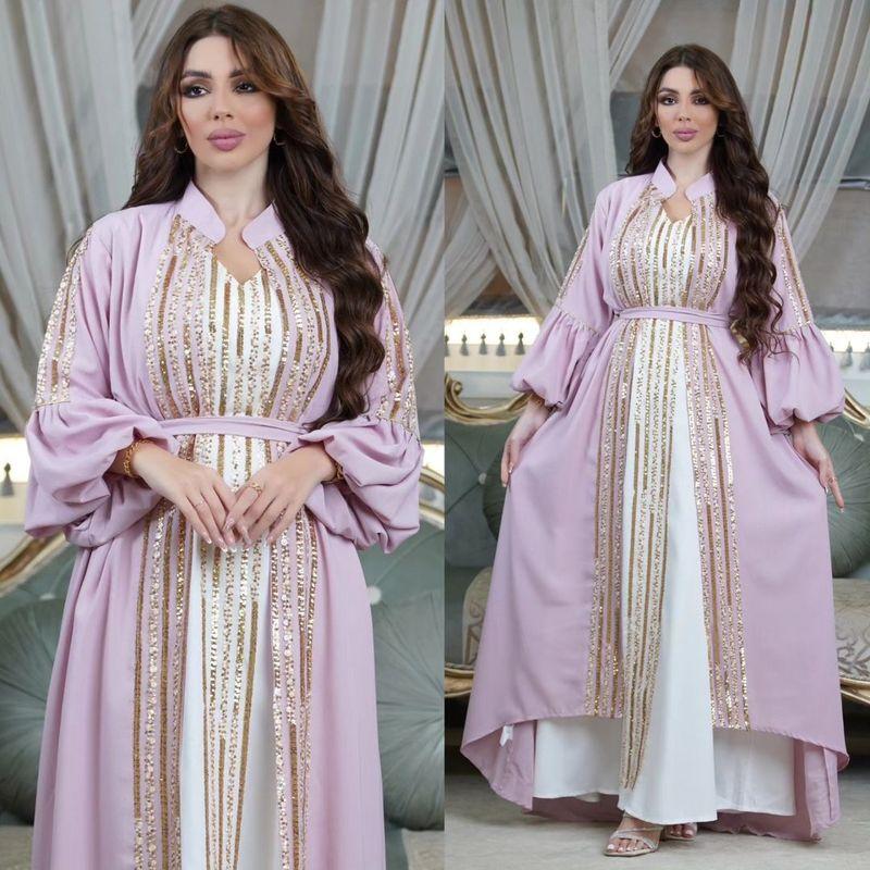 Middle East Indonesia Robe Fashion Sequin Embroider Sleeveless Maxi Dress Two-piece Set Puff Sleeve Dress Dress