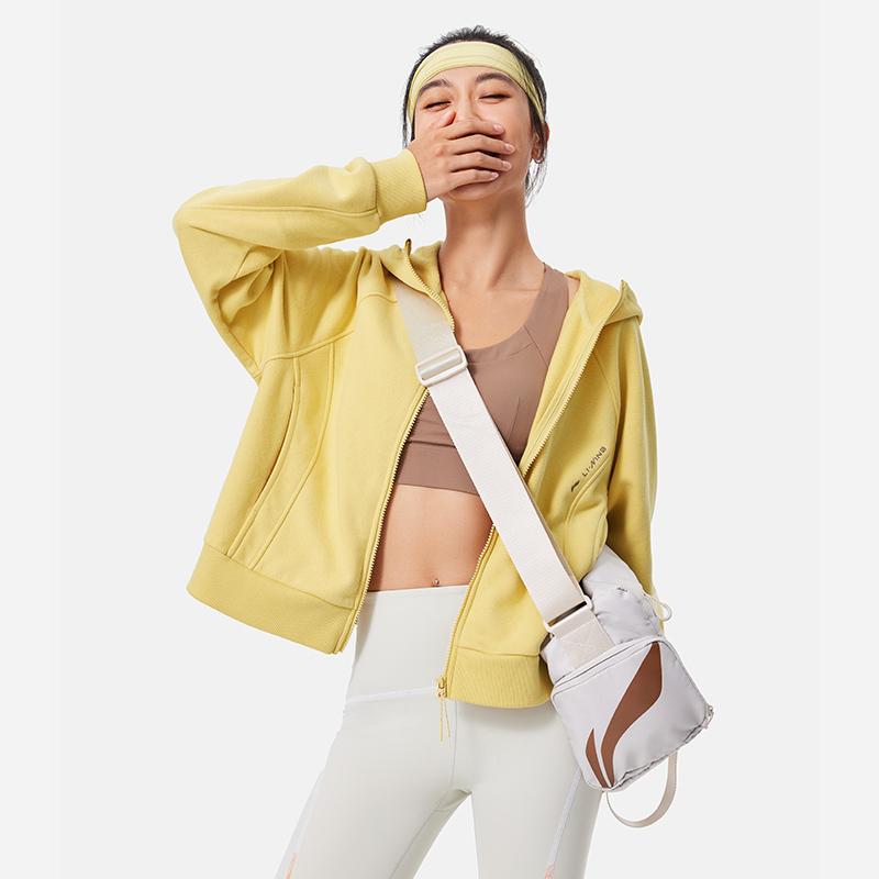 Li-Ning Fitness Series Moisture-Wicking Thermal Fleece Hooded Cardigan Raglan Dopamine Long Sleeve Sweatshirt Women sweatshirt AWDU562-3