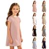 Lässiges Sommerkleid für Mädchen Leichtes atmungsaktives Baumwoll-Leinen-Gewebe Kurzarm Lockerer Schnitt Knielanges Kleid für Kinder
