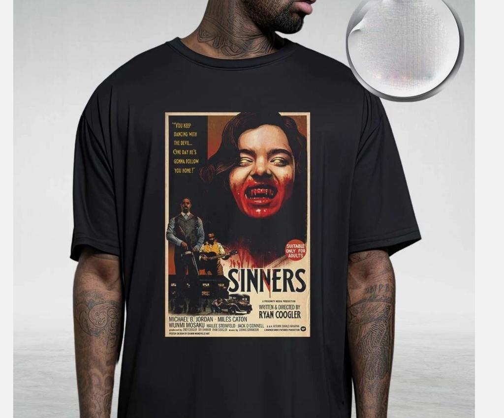 SINNERS 2025 New Tee Horror Movie Tee Bloody Retro Design Ryan Coogler Michael