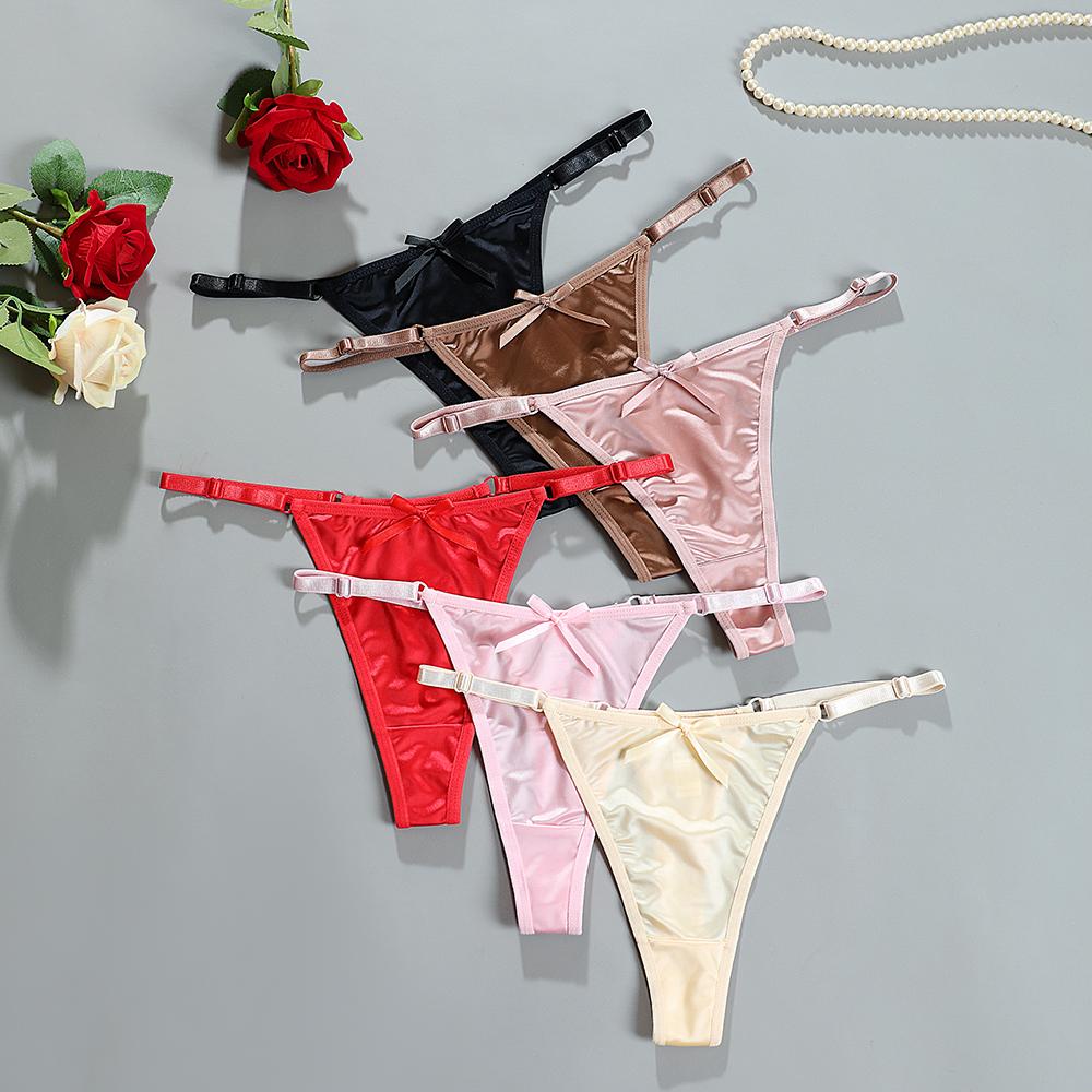 Women's Thong Adjustable Waistband Glossy Satin Solid Color Underwear Low Waist Smooth Silk Bowknot Female Underpants