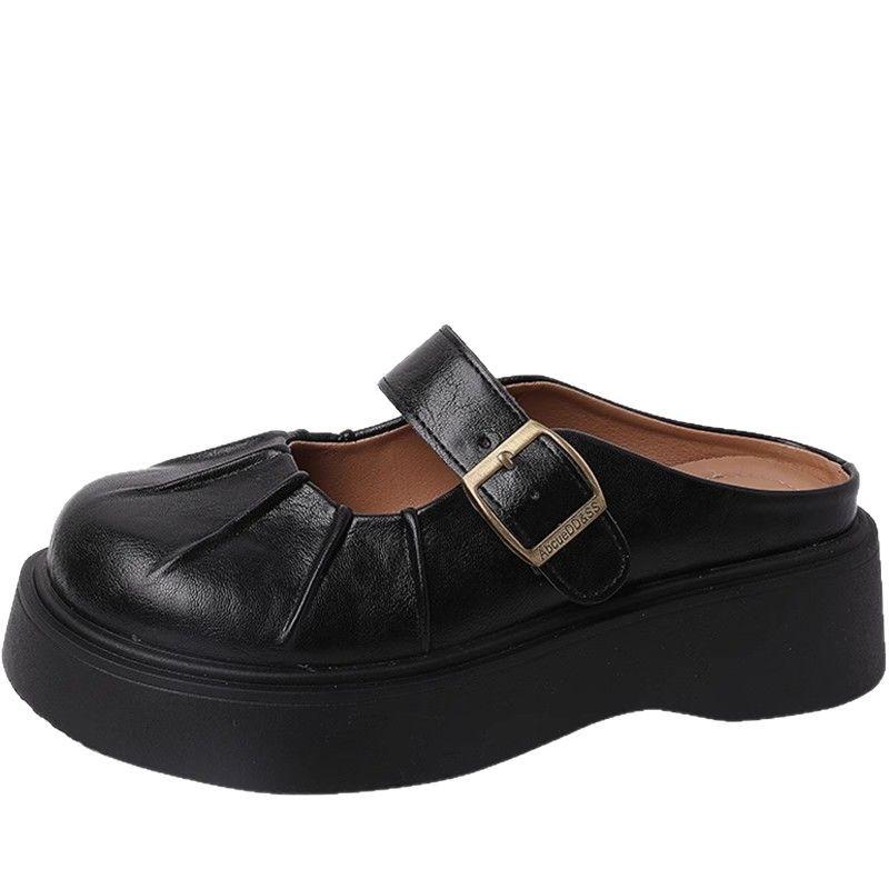 Belt Buckle Retro Thick-soled Bag Head Slippers Women's 2025 Spring and Summer New Outer Wear Heightening Half Slippers Lazy Shoes Trend