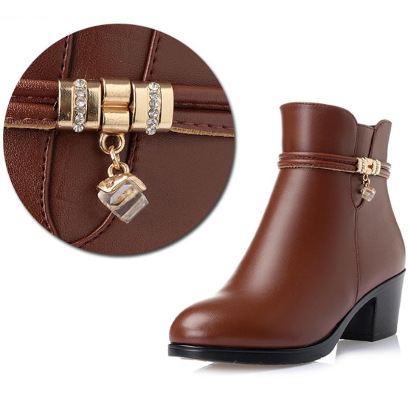 Women Genuine Leather Ankle Boots Women Wool Non-slip Snow Boots Woman Thick-heeled Boots Ladies High Heels Shoes Big Size35-43