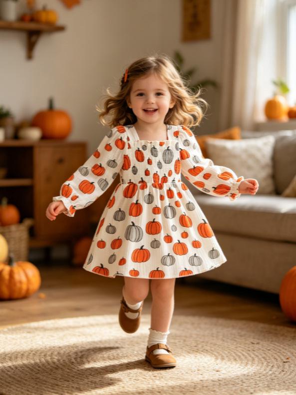 Girls' Halloween Princess Puff Sleeve Dress with Square Neck and Cinched Waist