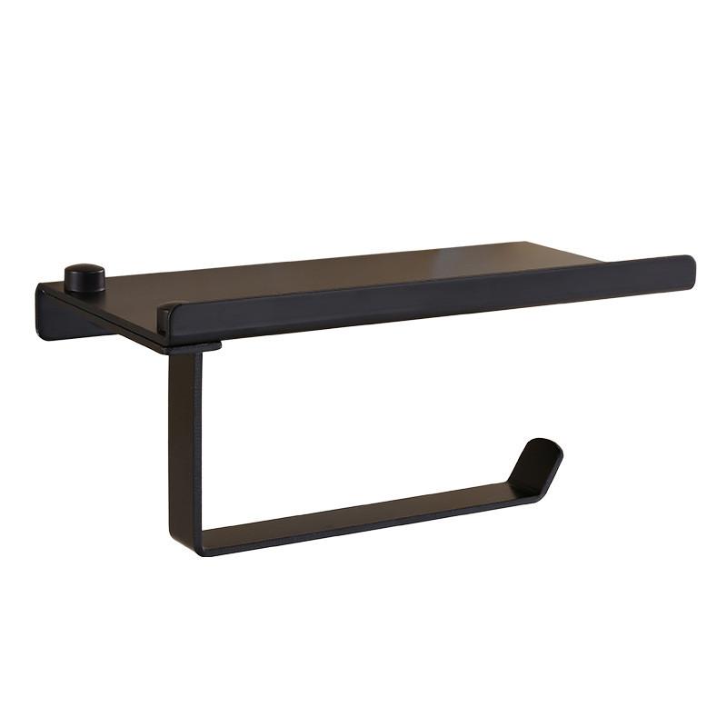 Tuqiu Black Toilet Paper Holder Wall Mounted Bathroom Tissue Paper Holder Aluminum Paper Roll Holder With Phone Storage Shelf