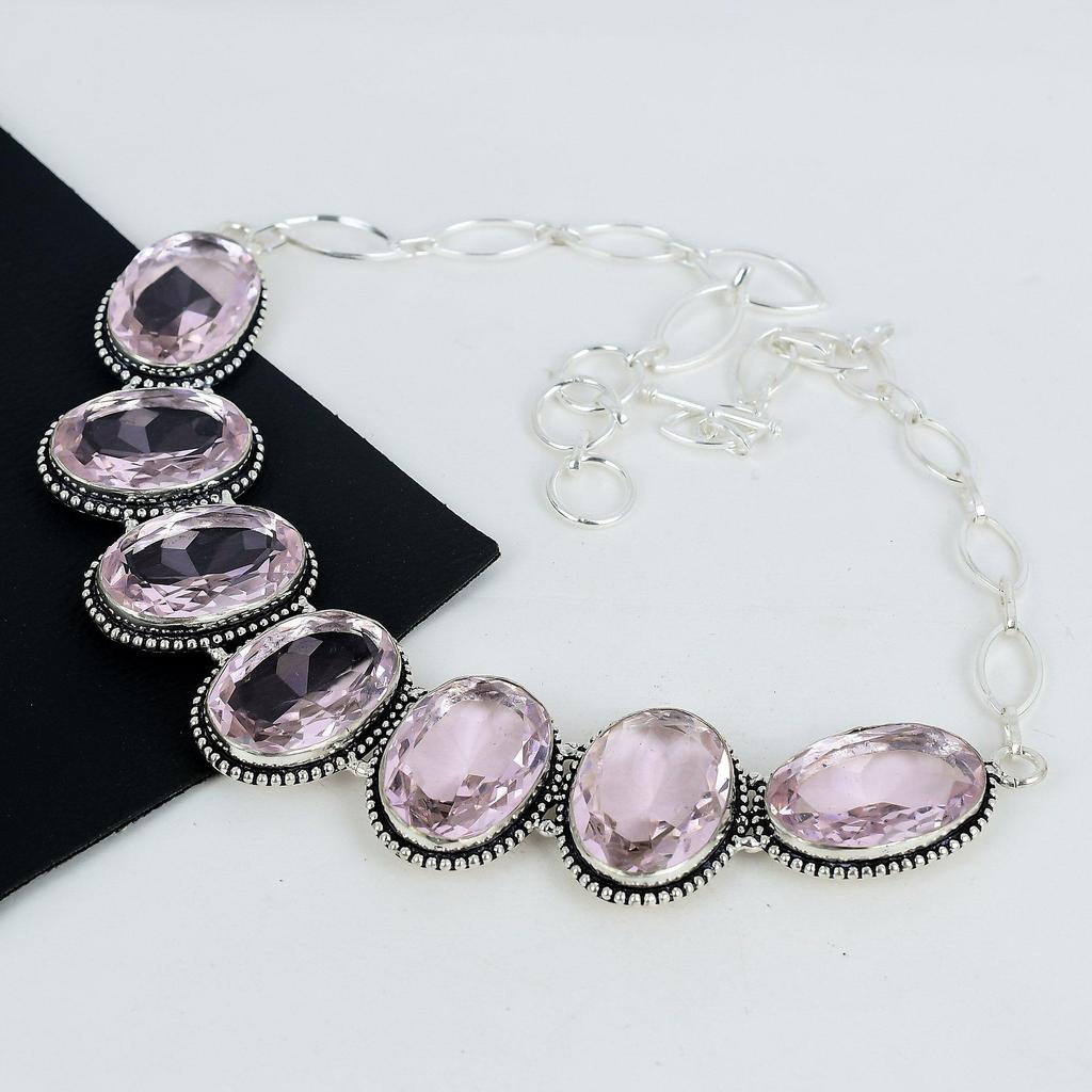 Pink Kunzite Gemstone Handmade 925 Sterling Silver Necklace, Blue Copper Turquoise Silver Necklace For Wife, Unisex Necklace, Christmas Day Gift