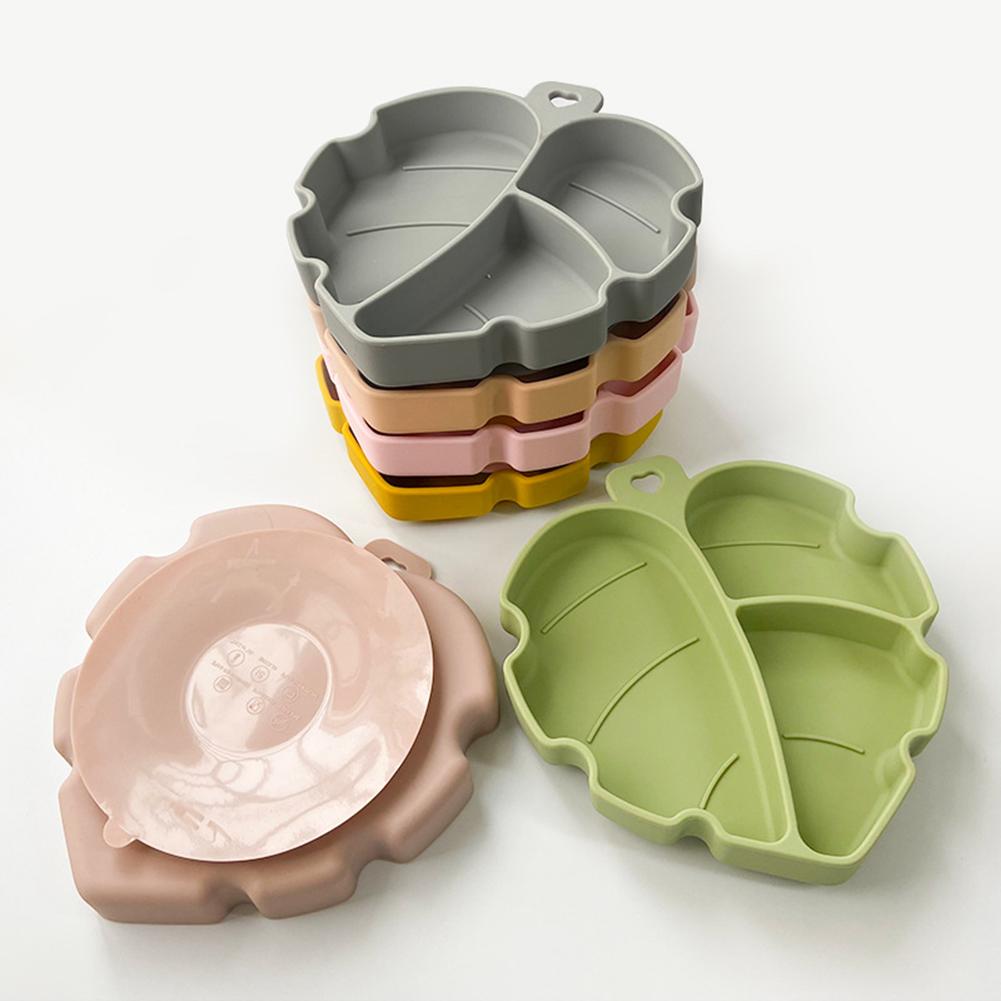 Children Silicone Food Bowl Leaf Shape Large Capacity Suction Cup Temperature Resistance Compartment Platen