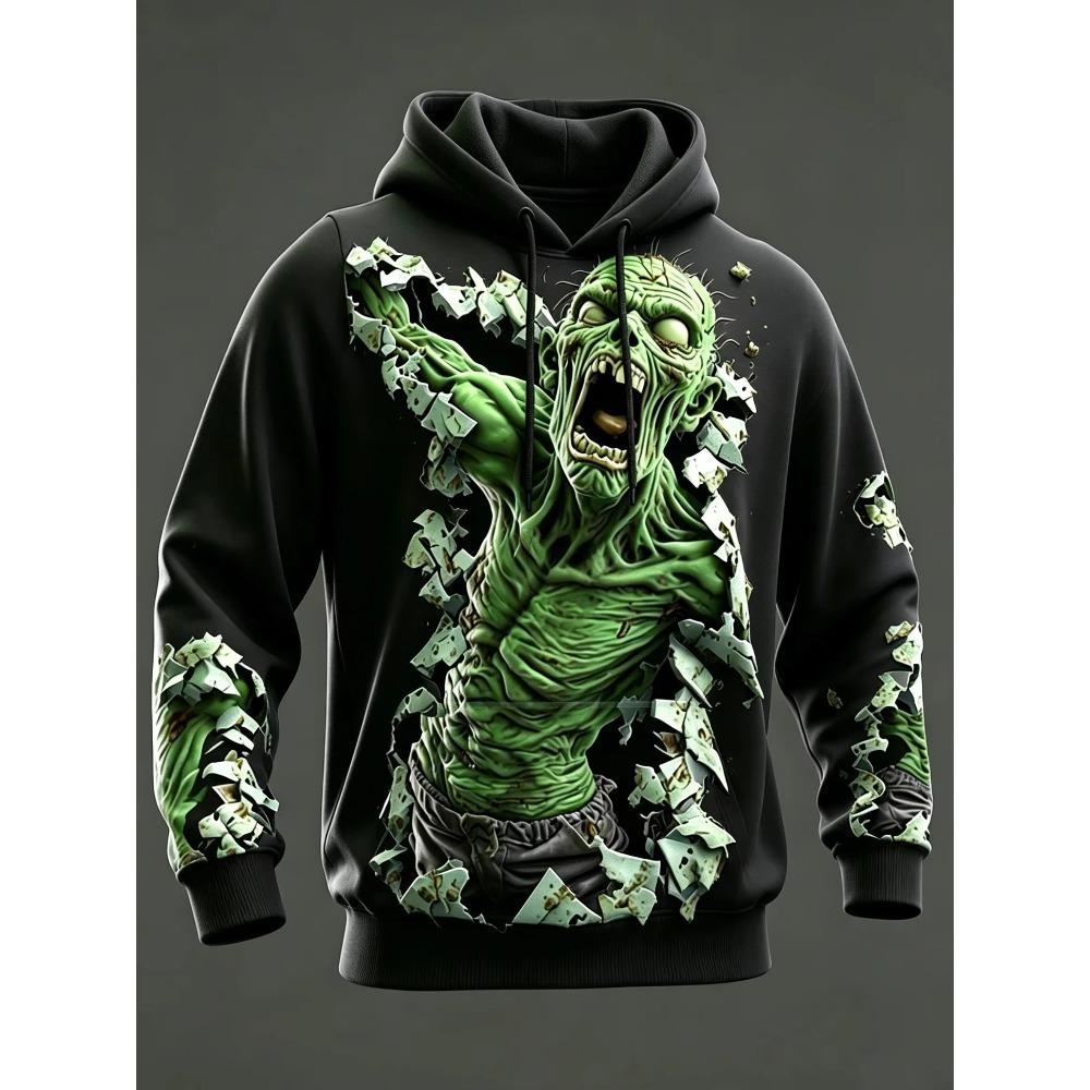 Women Unisex 3D Print Hoodie Break Through Wall Zombie 3D Pattern Pullover Long Sleeve Kangaroo Pocket Halloween Sweatshirt