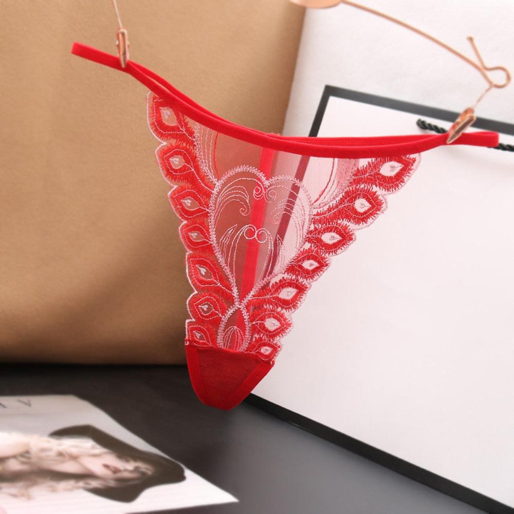 Cotton Crotch Lace Embroidered Panties Low Waist Transparent T-Pants Sexy Mesh Thongs  Gift