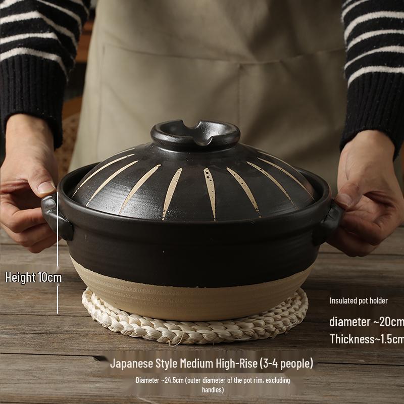 Japanse Keramische Kleipot: Multi-Use Stoofpot, Rijstkoker, Gas- en Inductiekookplaat - Kleine Maat Steen en Platte Pan voor Soepen.