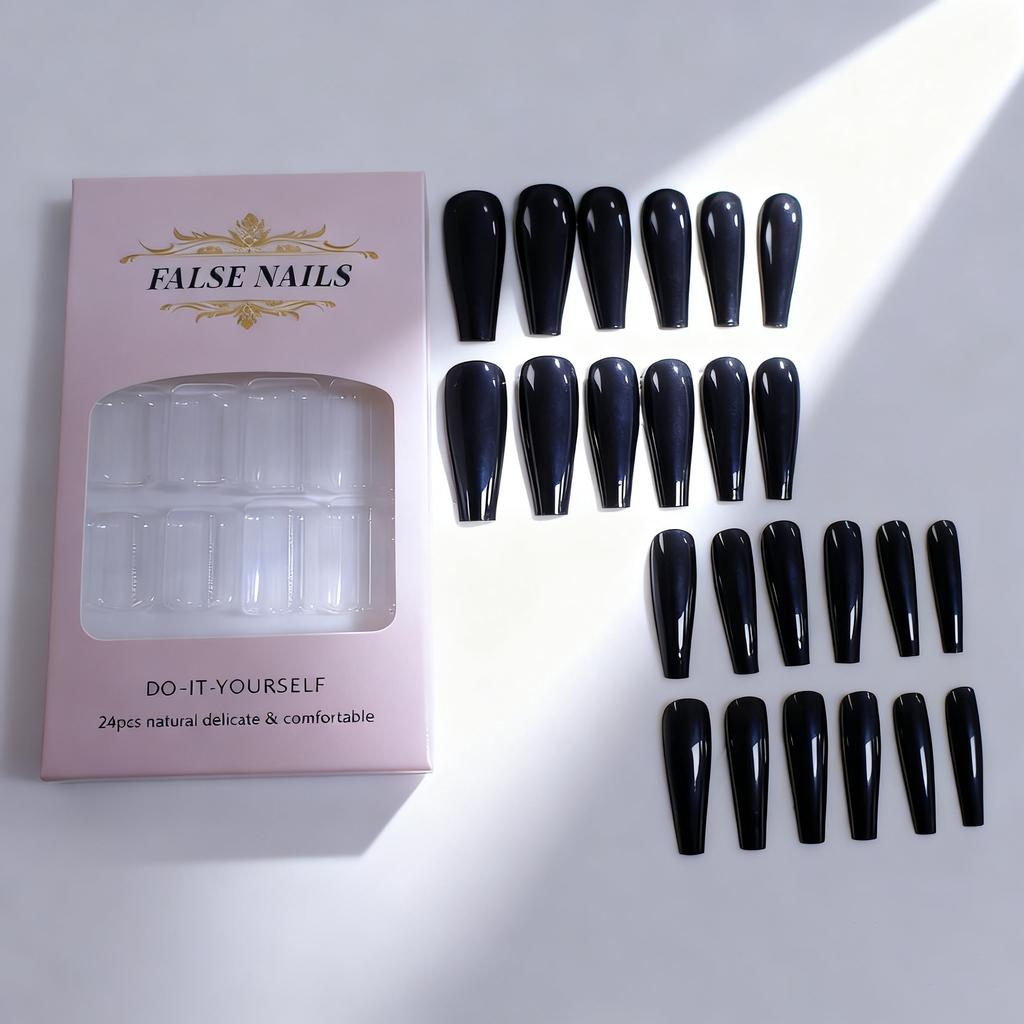 Nail art, Spice Girl style black 24 pieces, fake nails, long trapezoidal armor.
