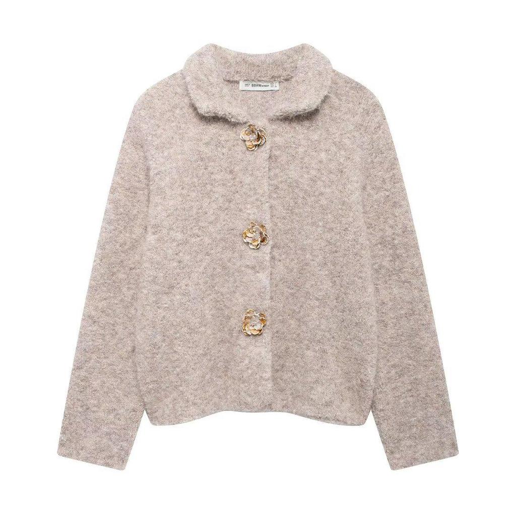 European & American Style Faux Fur Flower Button Knit Cardigan for Women