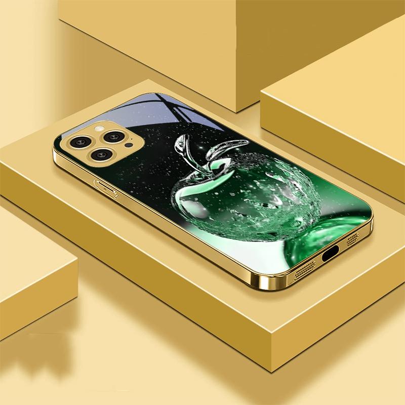 Mela di Cristallo Trasparente Per IPhone 16 Pro Max 15 P Ro 14 13 Plus 12 Mini 11Pro Max XS Max XR Custodia per Telefono in Vetro Temperato Dorato