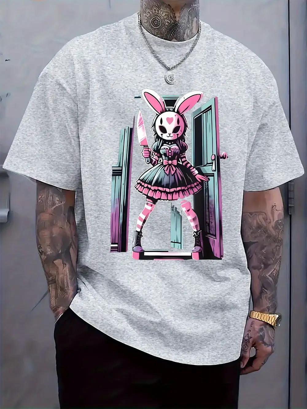 Dark Bunny Graphic T-shirt - Stylish Casual Crew Neck Short Sleeve Tee with Unique Rabbit Illustration XXXXL
