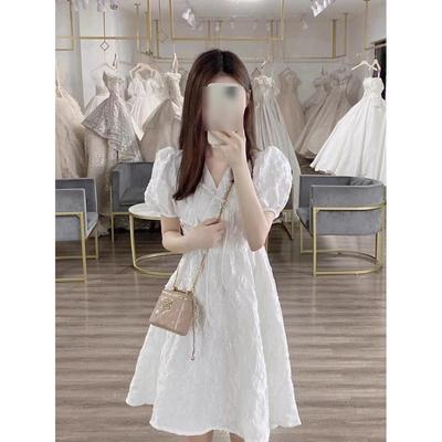 White Collar Bubble Sleeve Dress Women's Summer Fashion Casual Design Skinny Small Skirt