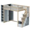 Letto a soppalco multifunzionale 90x200cm con mensole, armadio contenitore e grande armadio, scaletta di sicurezza con vani portaoggetti, colore grigio + legno naturale