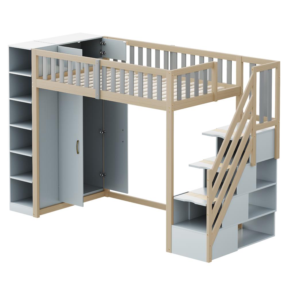 Letto a soppalco multifunzionale 90x200cm con mensole, armadio contenitore e grande armadio, scaletta di sicurezza con vani portaoggetti, colore grigio + legno naturale