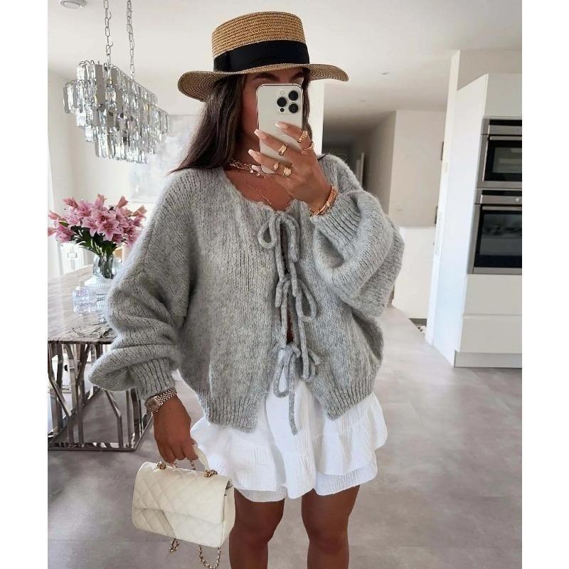 Solid Color O-neck Lace-up Knitted Cardigan Women Autumn Winter Streetwear Casual Simplicity Sweater Coats
