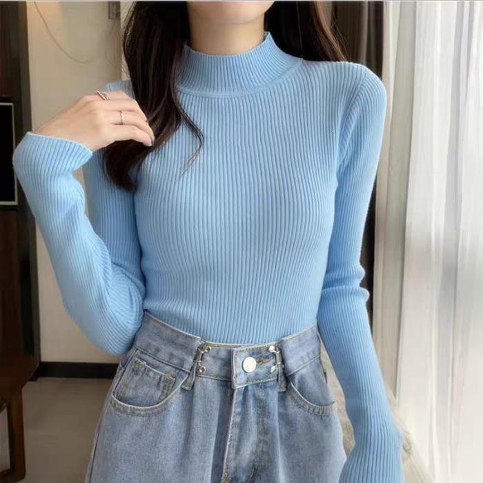 Women's 2026 Autumn Slim Fit Black Knit Long-Sleeve Half-High Neck Sweater