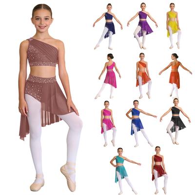Kinder Mädchen 2-tlg. Glänzendes transparentes Netz-Crop-Top mit Rock Lyrischer Tanzkleid Ballsaal Kostüm