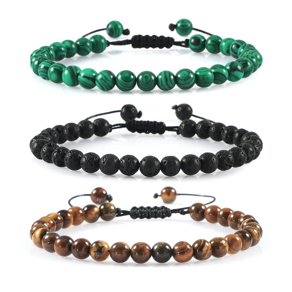 6mm Natural Stone Men Bracelets Charm Tiger Eye Black Beads Bracelet Braided Bangle Adjustable Charm Women Yoga Jewelry Pulseras