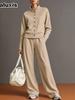 New Women's Solid Crew Neck Cardigan Sweatshirt Wide Leg Pants Set