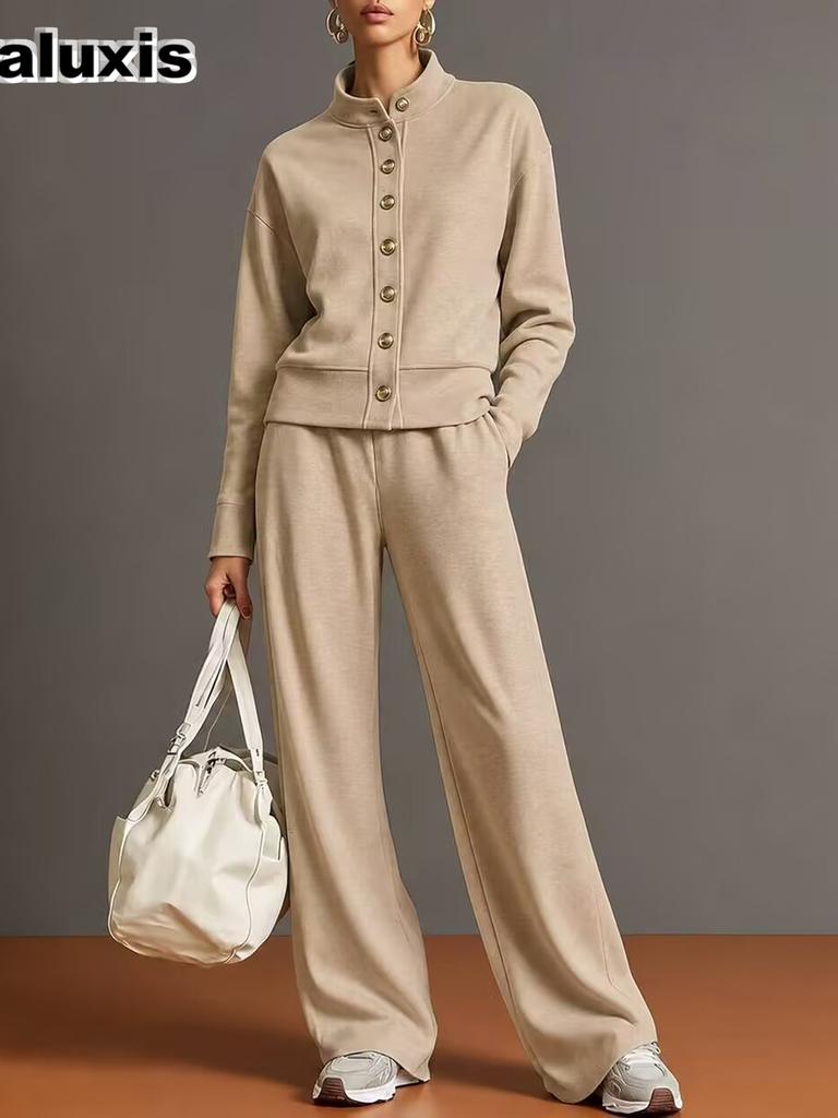 New Women's Solid Crew Neck Cardigan Sweatshirt Wide Leg Pants Set