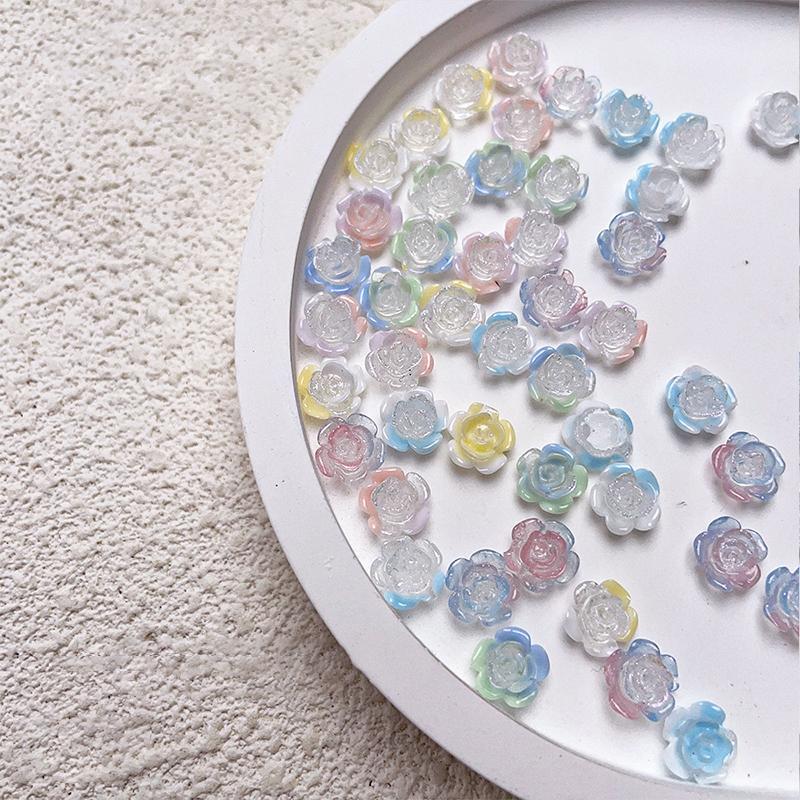 50Pcs 3D Mix Sizes Beautiful Blossoming Rose Flowers Resin Adhesive Nail Art  Decorations Manicure Kawaii Charms