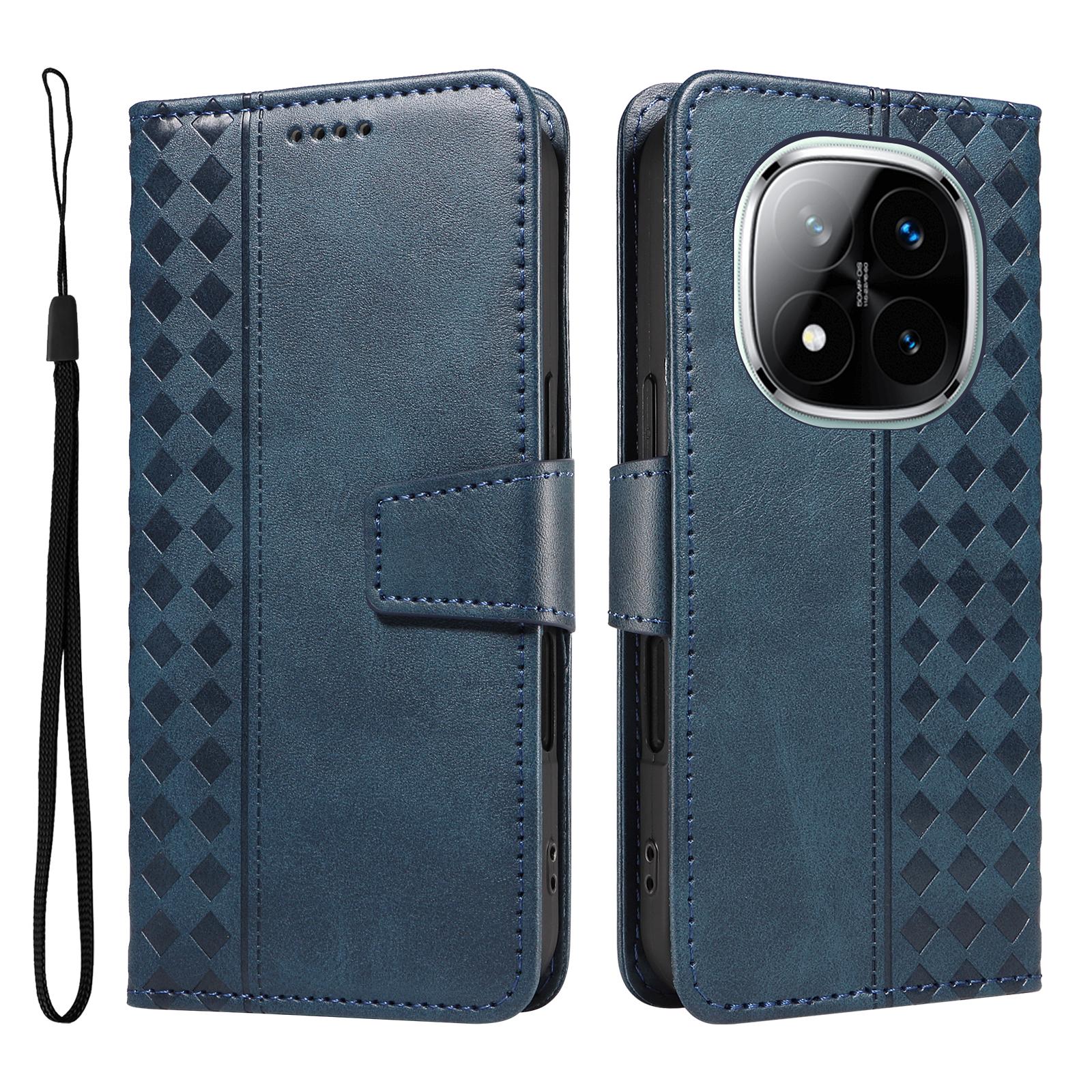 

For Xiaomi Redmi Note 14 Pro+ 5G/Xiaomi Poco X7 5G/Xiaomi Redmi Note 14 Pro 5G Leather Case Wallet Stand Grids Imprinted Phone Cover with Strap Blue