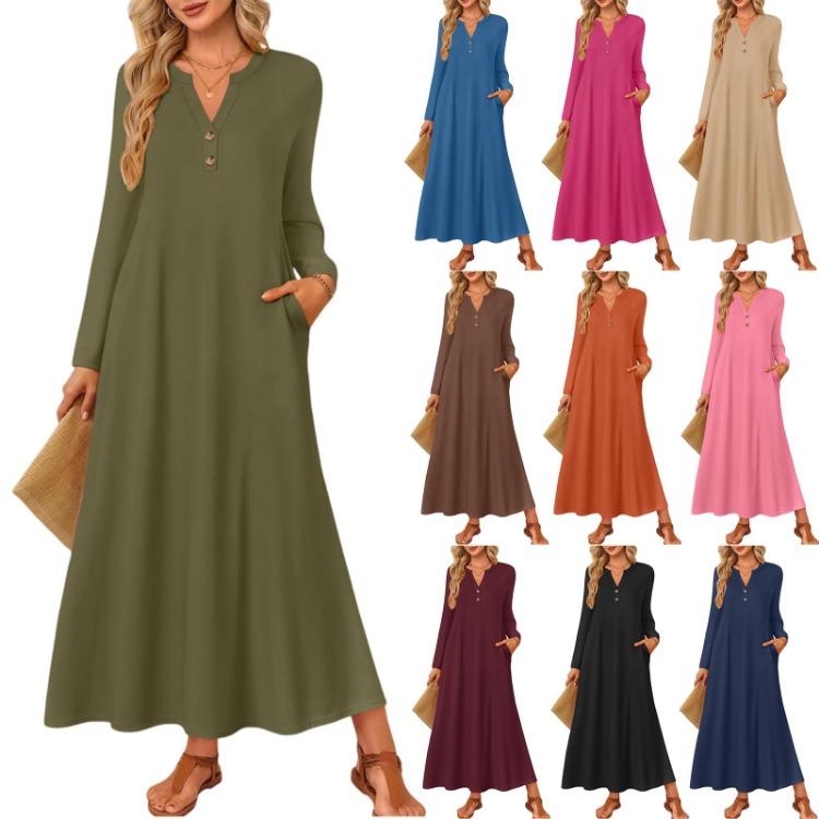 Loose Elegant Women Long Sleeved Comfortable Solid Color Dress