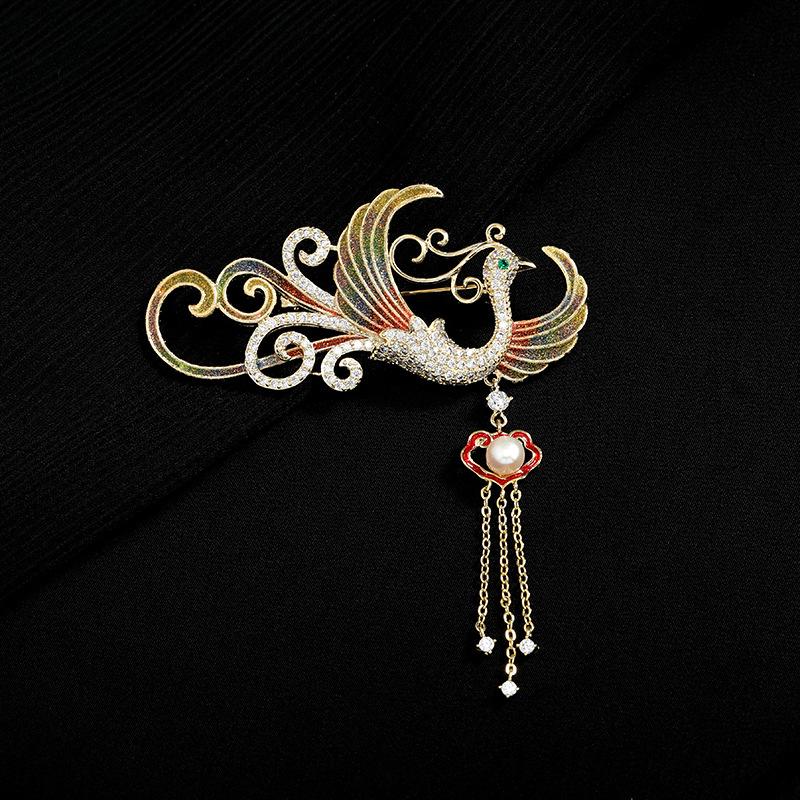 Medium Enamel Phoenix Brooch High-end Temperament Women's Pearl Fringed Pin Coat Suit Accessories Corsage