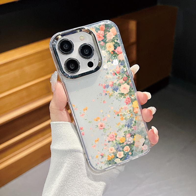 Luxury Garden Flower Case For iPhone 15 Pro Max Coque iPhone 11 12 13 14 16 Pro Max Plating Lens Clear Soft Silicone Back Cover