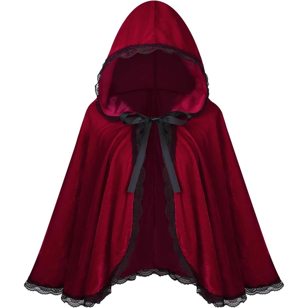 Rotwein Umhang Kurzer Umhang Rüschenspitze Plissee Spitze Kapuzenumhang Samt