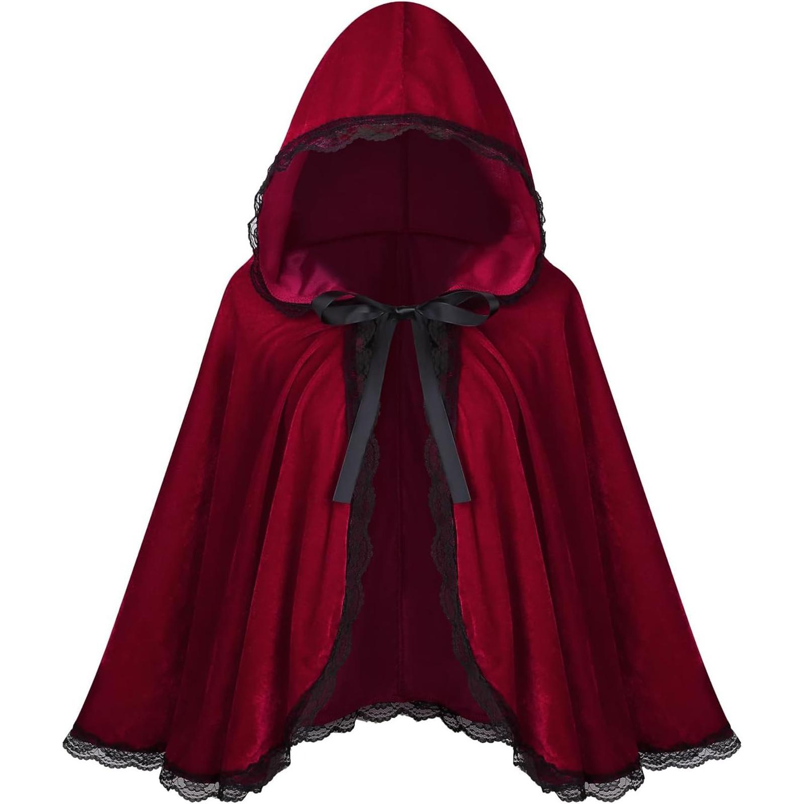 

Красное Вино Кейп Короткий Кейп С Рюшами Кружево Плиссированное Кружево Кейп С Капюшоном Бархат M винный