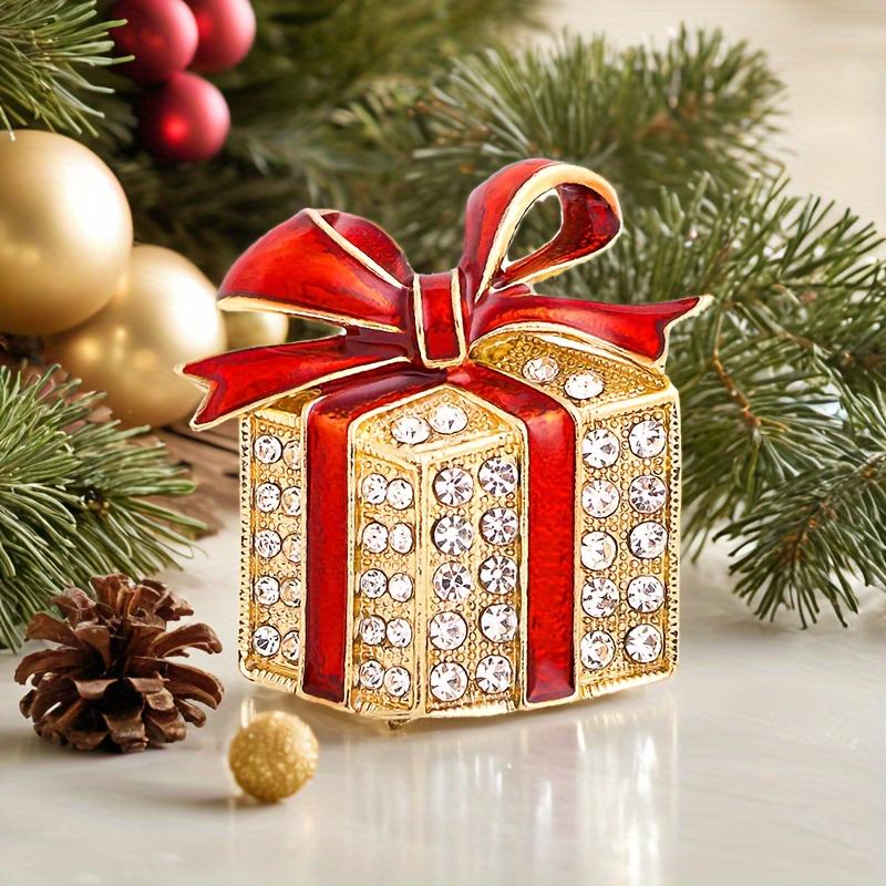 

Festive Christmas Gift Box Brooch Pin - Zinc Alloy Rhinestone Embellished, Party Style Brooch for Holiday Outfits, No Mosaic Material Plating, Xmas Tr YNCP7607 Red