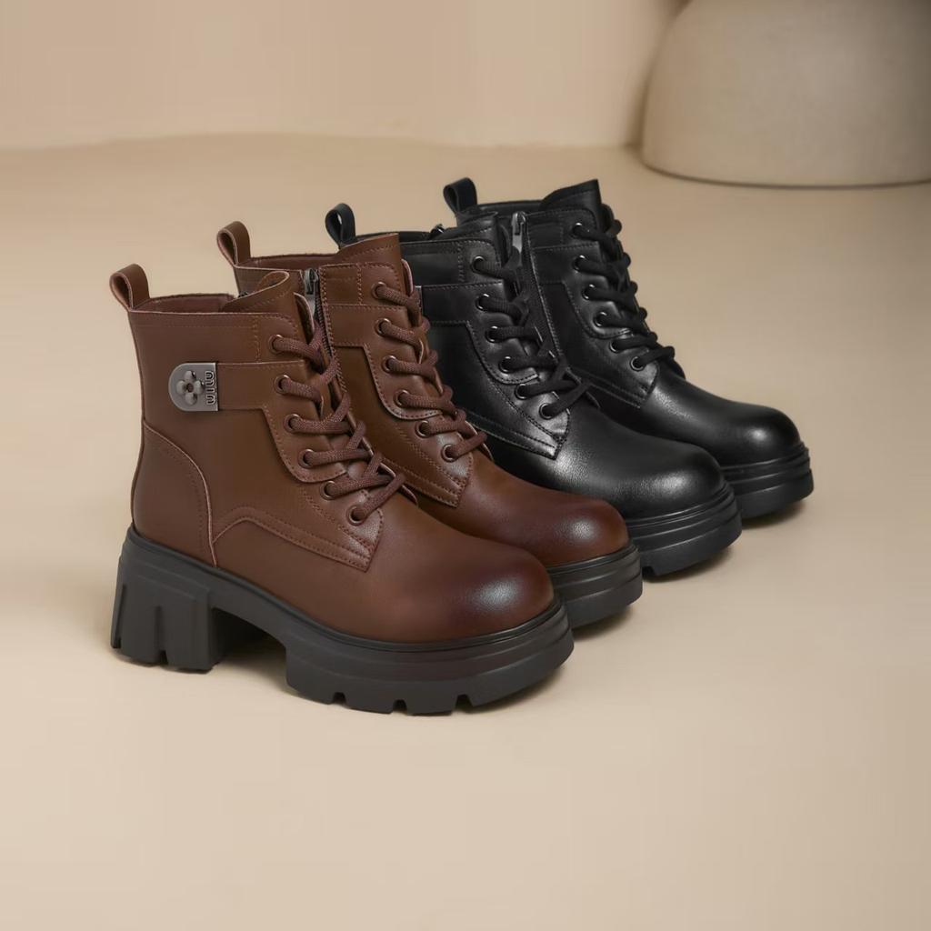 Autumn and Winter New Leather Thick-soled Martin Boots Women's Thick Heel Heightening Short Boots British Style Casual Versatile Locomotive Boots Tide