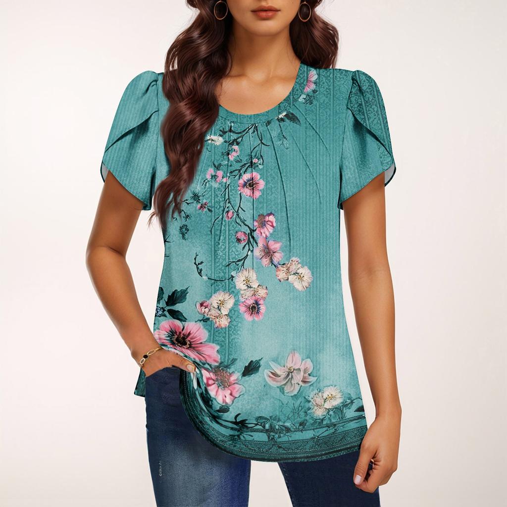 Damen Modisches Rundhals Kurzarm Bedrucktes Lässiges Basic Plissiertes Pullover T-Shirt Top
