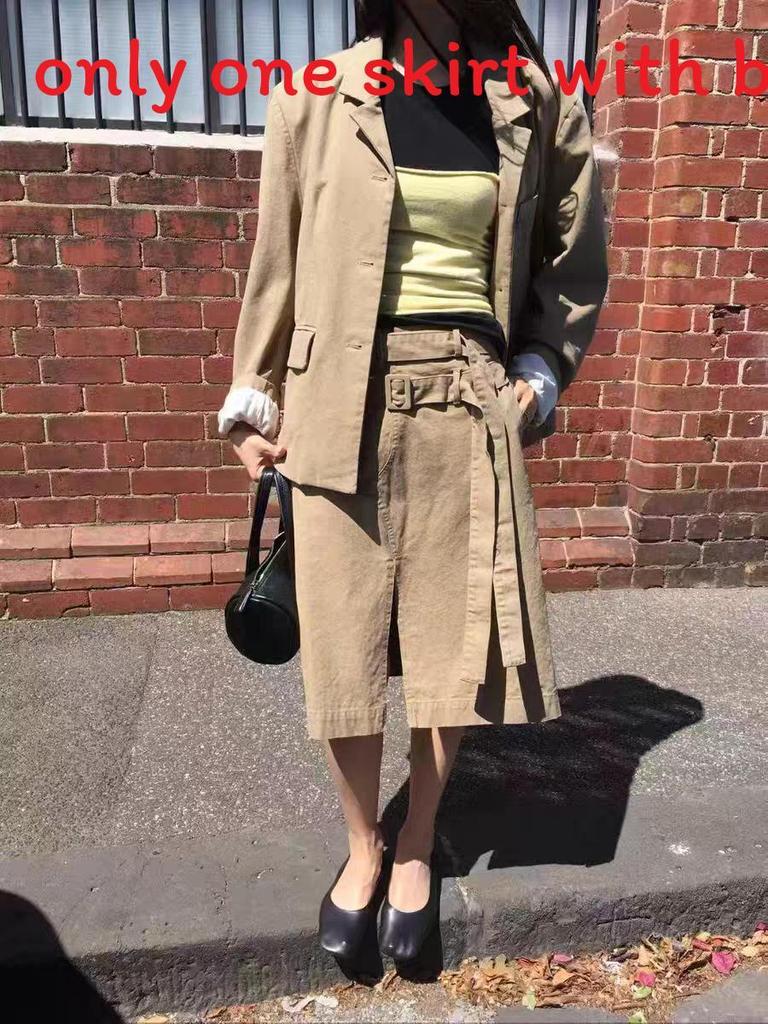 Vintage Korean Spring Skirt With Irregular Split And Double Waist Belt For Casual Wear