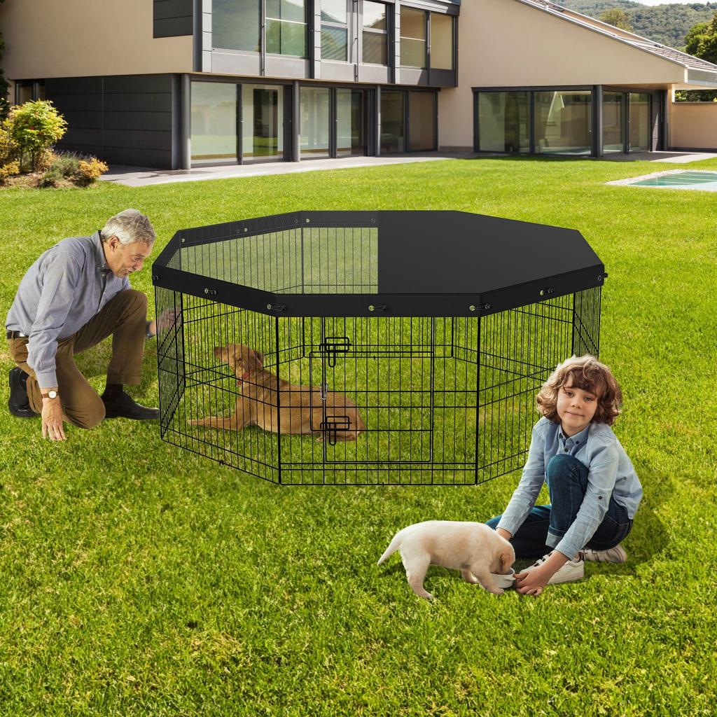 VEVOR Dog Playpen, 8 Panels Foldable Metal Dog Exercise Pen with Top Cover, 24" H Pet Fence Puppy Crate Kennel with Ground Stakes