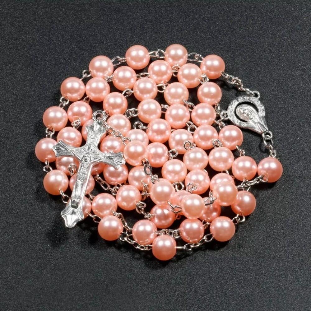 Collana con Ciondolo Rosario di Perle Finte Stile Vintage Ciondoli Religiosi Rosario Cattolico