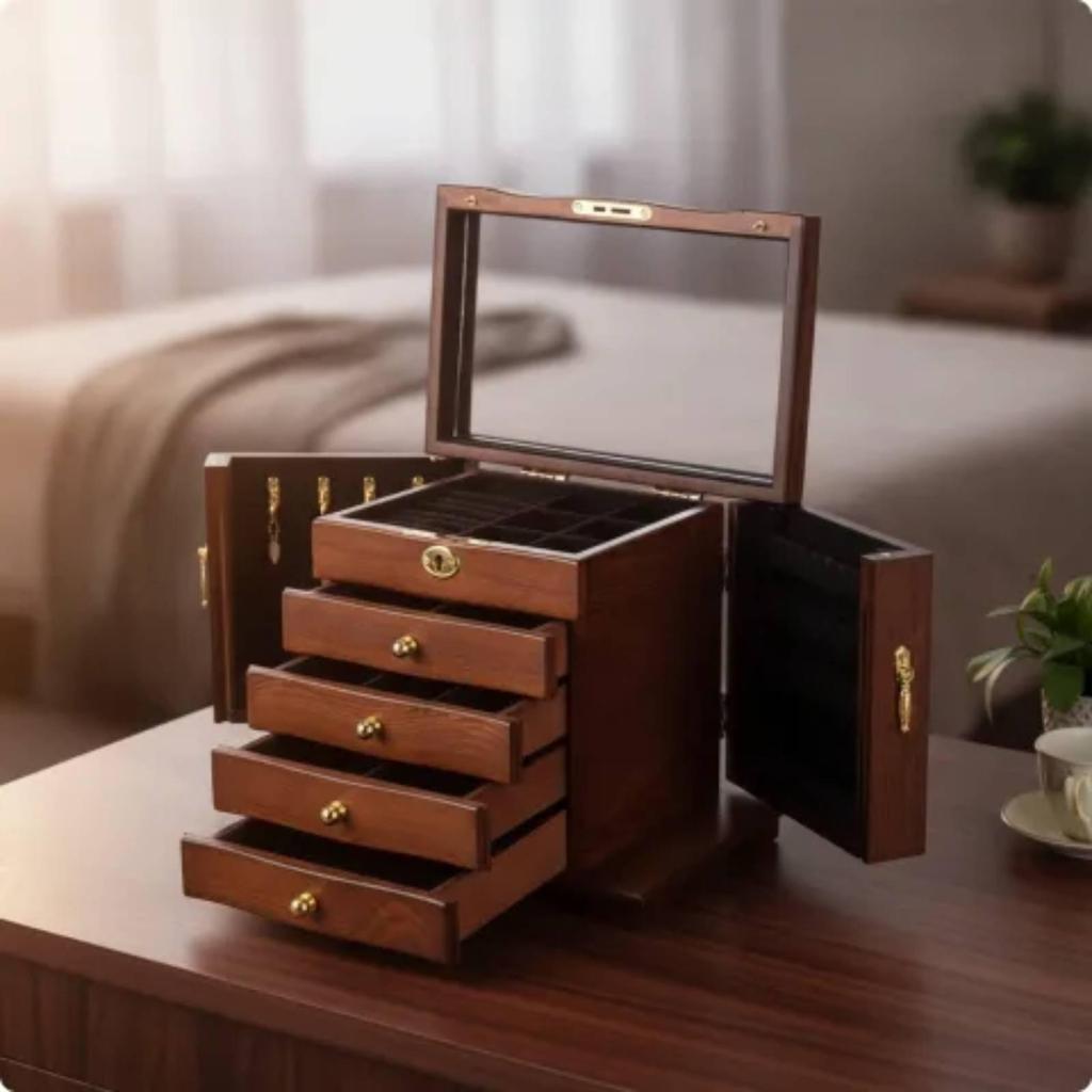 Jewelry Box with Drawers and Side Compartments Solid Wood