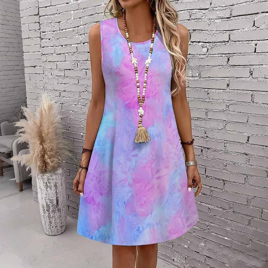 Women Plus Size Sleeveless Round Neck Cloudy Pastel Tie Dye Print Loose Knee Length Casual Dress