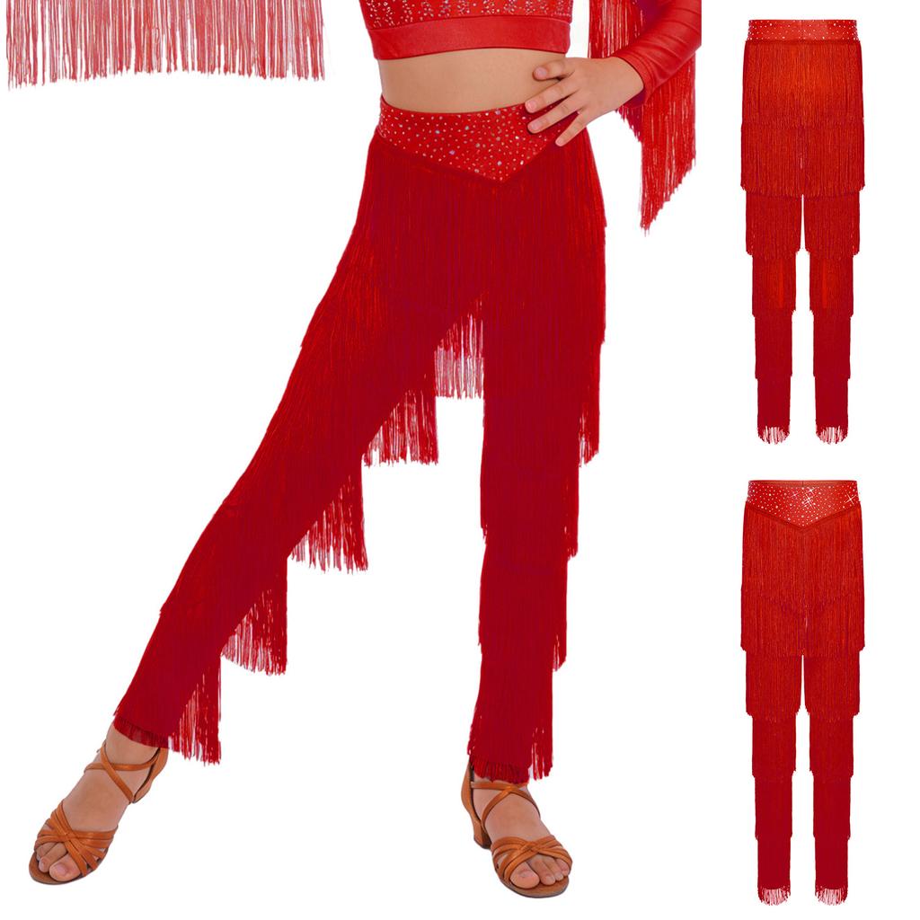Girls Latin Dance Fringe Pants Elastic Waistband Tiered Tassels Trousers Samba Rumba Cha Cha Salsa