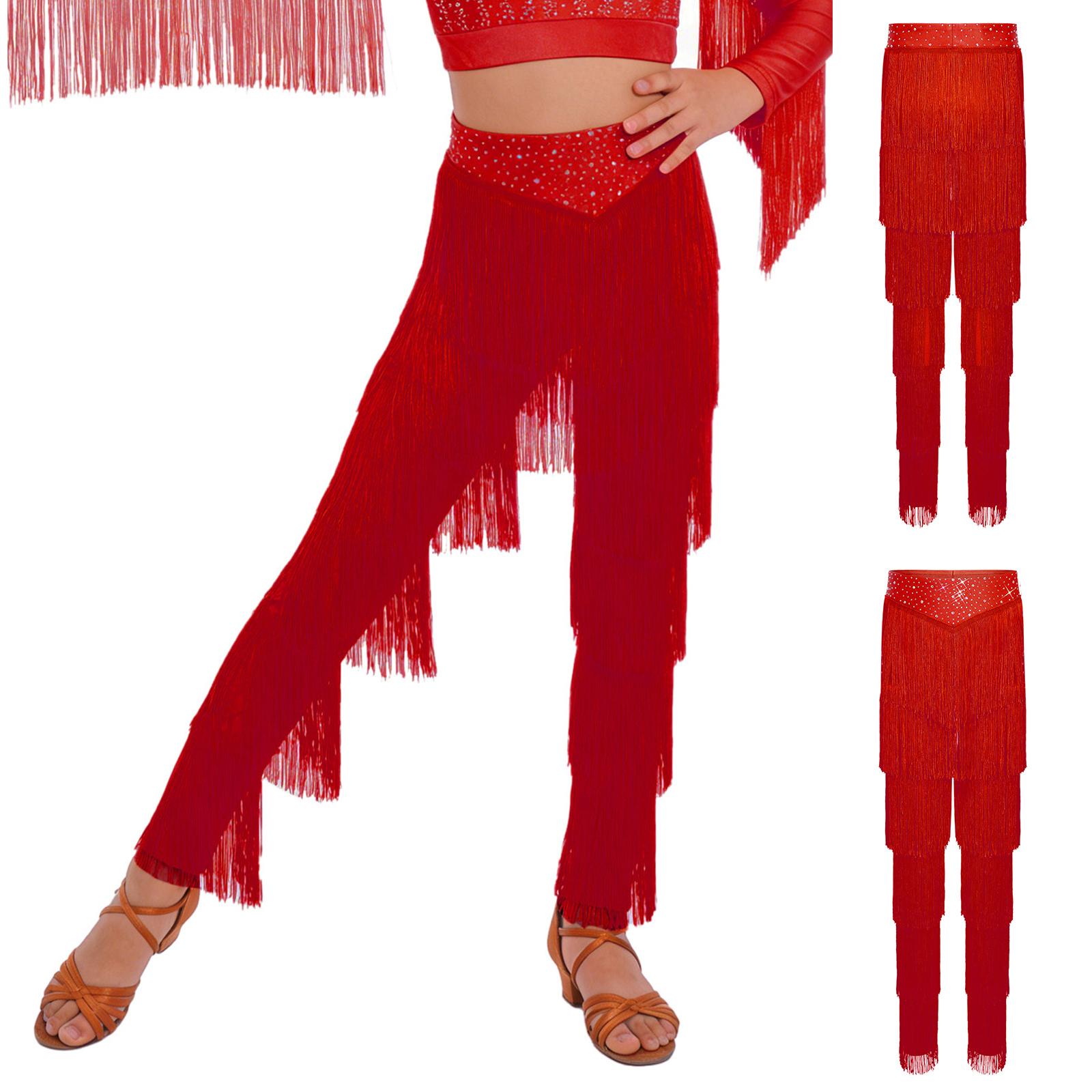 Kinder Latein-Tanzhose mit elastischem Bund und mehrlagigen Quasten für Samba Rumba Cha Cha Salsa Wettkampf 5-6 Years bordeaux