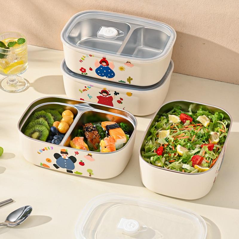 1Pcs Cartoon Pattern Heat Preservation Lunch Box Microwaveable Stainless Steel Partitioned Lunch Box For Student Office Use
