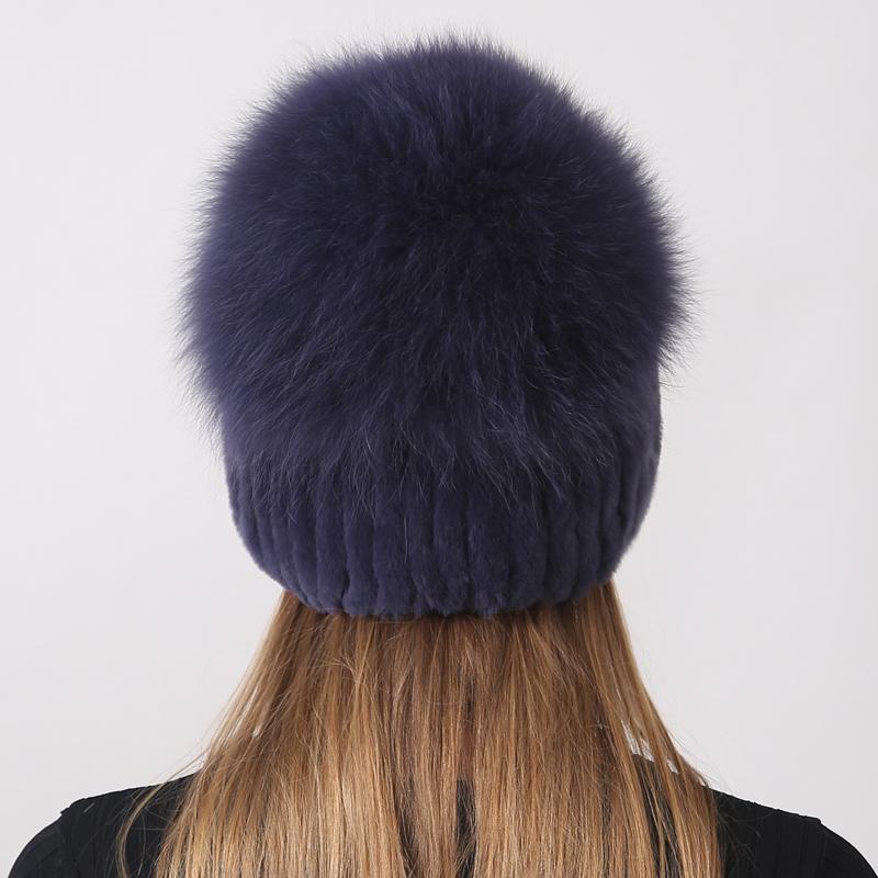 New Women Winter Luxury Real Rex Rabbit Fur Hat Knitted Rex Rabbit Fur Hat Top Natural Fox Fur Cap Genuine Fox Fur Beanies Hat
