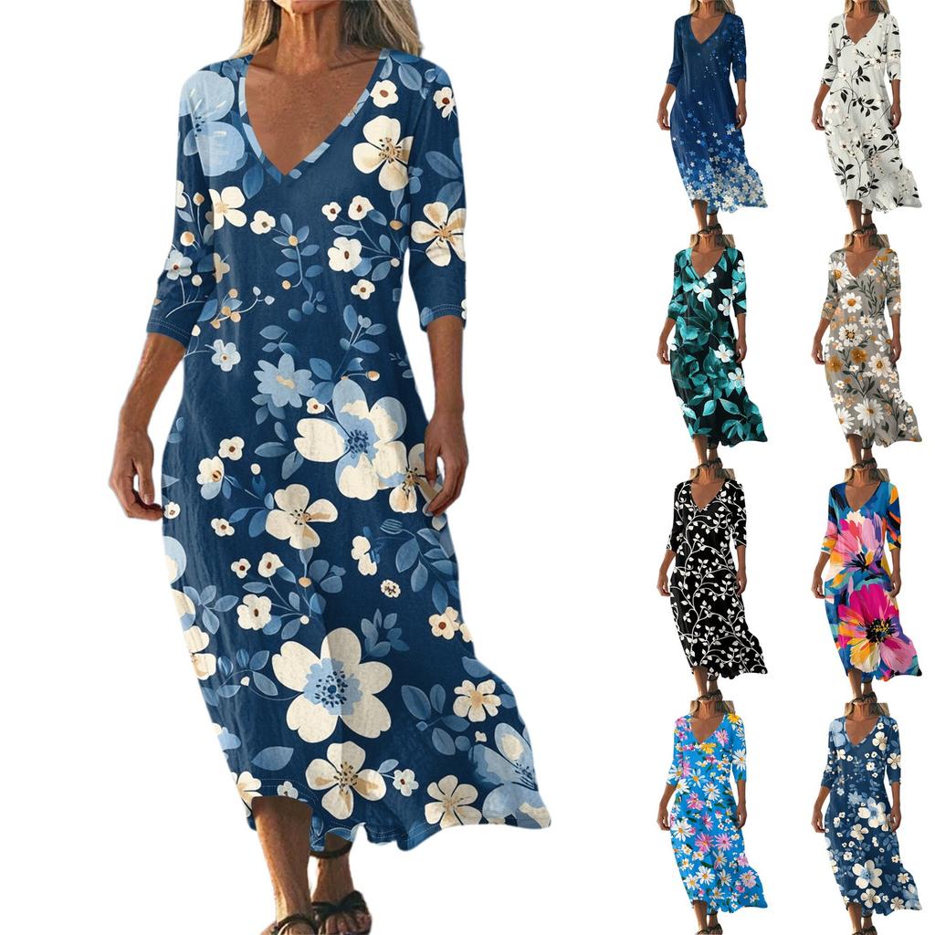 Women's Vintage Print Tunic Waisted Midi Dress Summer Casual 3/4 Sleeve Dress Dress